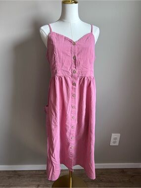 Cotton Pink Button-Front midi Dress summer casual pockets basic feminine